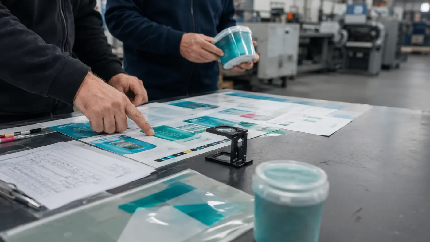 Equipo técnico revisando muestras y documentación de un proyecto IML en taller