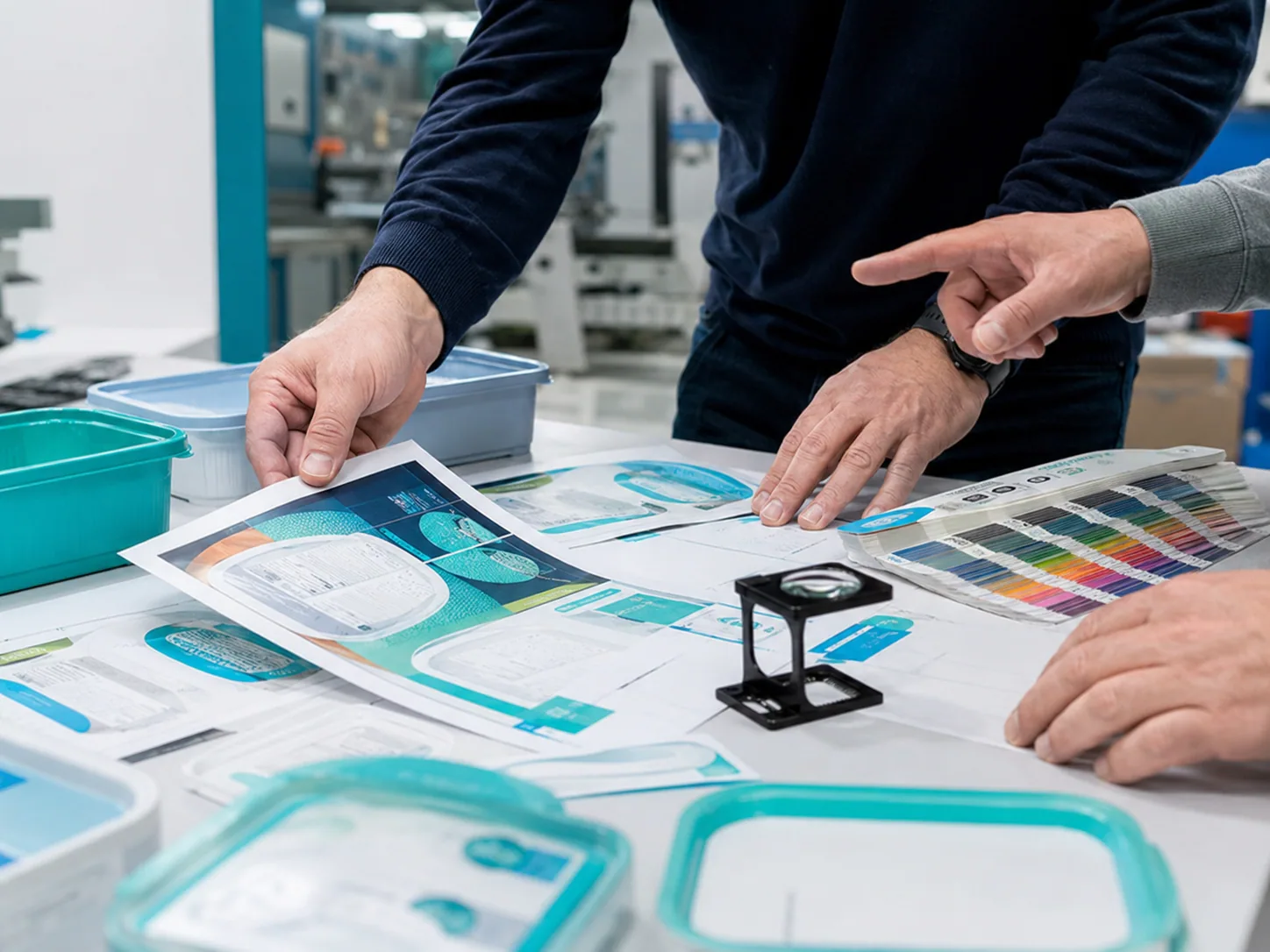Equipo técnico revisando muestras IML y documentación de proyecto