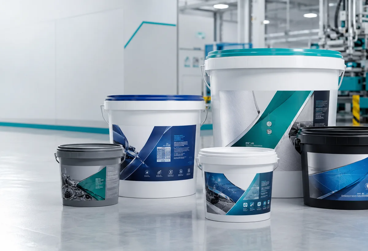 Cubos de pintura y envases industriales con etiquetas IML en taller técnico